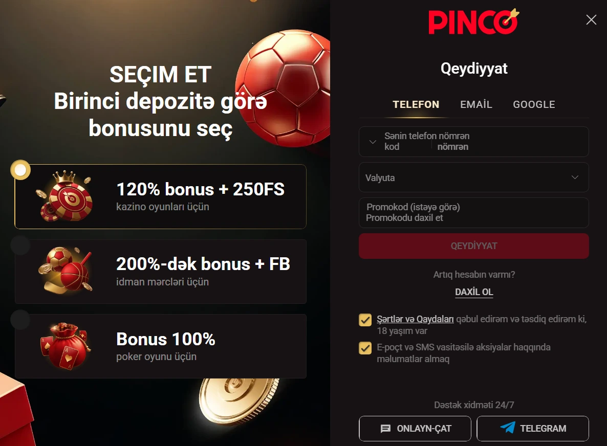 Pinco qeydiyyat Azərbaycan üçün yeni casino hesabının açılması